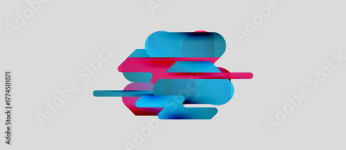Abstract shapes overlap, creating dynamic composition. Blue, pink hues blend, suggesting movement, energy. Minimalist design on white background.