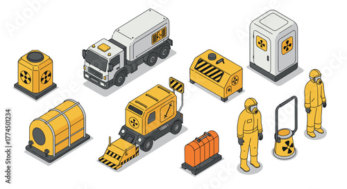 Isometric hazardous materials equipment and workers in protective suits