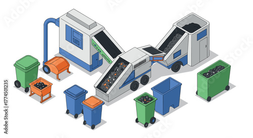 Isometric waste recycling plant with conveyor and bins
