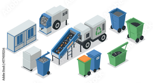 Isometric recycling equipment set featuring trucks and bins