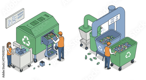 Isometric recycling process with workers sorting waste in industrial setting