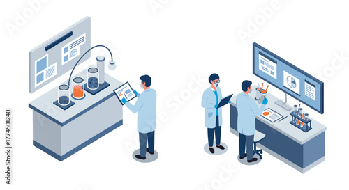 Isometric laboratory research scene with scientists and modern equipment