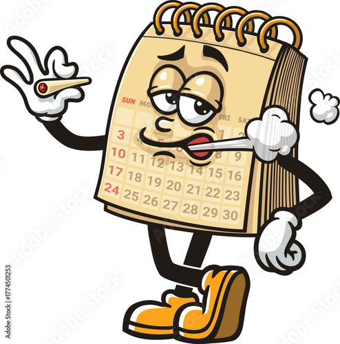 Cartoon mascot of calendar is smoking