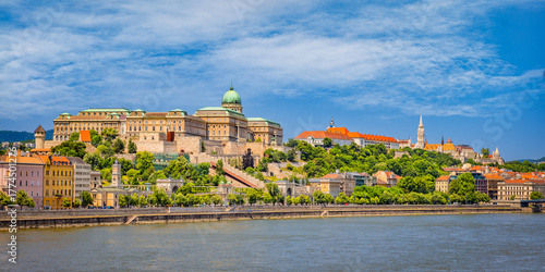 Panoramic view of Buda Castle and Castle Hill in Budapest, Hungary, with Matthias Church above the Danube—historic terraces and a riverside skyline under a clear summer sky.