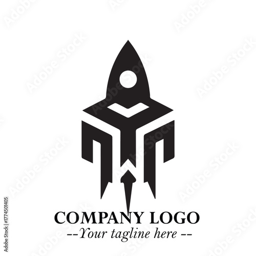 Rocket Logo Symbol in Black on the White Background with Modern Futuristic Space Design

