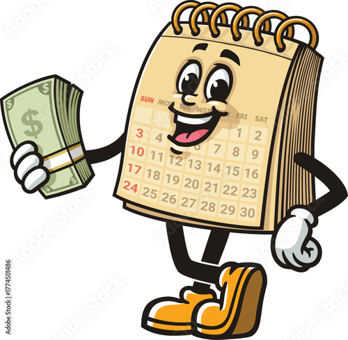 Calendar mascot cartoon holding cash