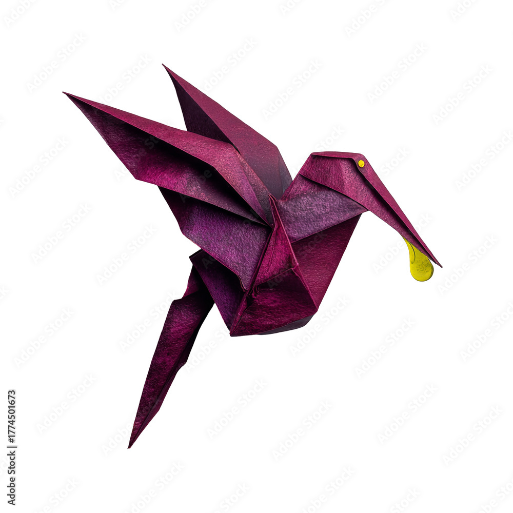 Fototapeta premium Stunning magenta origami hummingbird in flight, delicate craft art with vibrant yellow droplet isolated on transparent background”