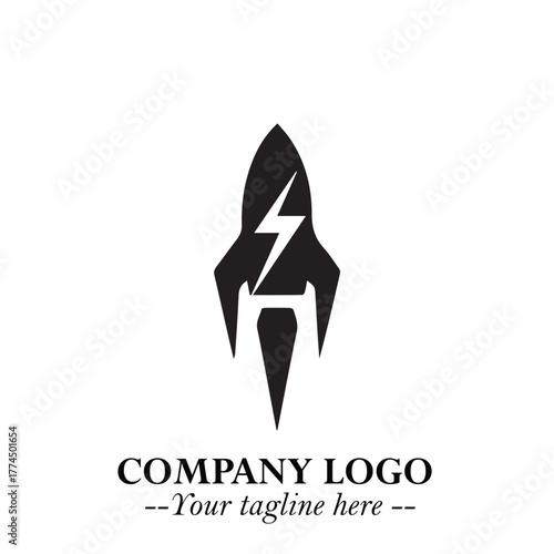 Rocket Logo Symbol in Black on the White Background with Modern Futuristic Space Design

