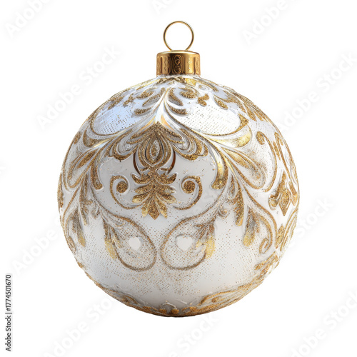 Elegant white and gold Christmas ornament with intricate floral design