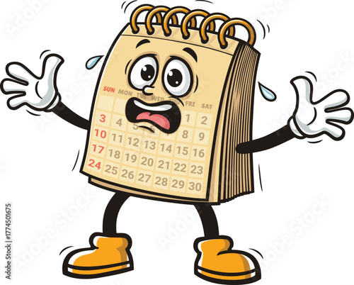 Cartoon mascot of calendar is panicking and scared