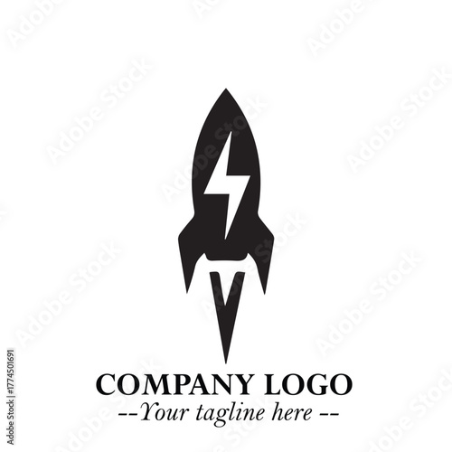 Rocket Logo Symbol in Black on the White Background with Modern Futuristic Space Design
