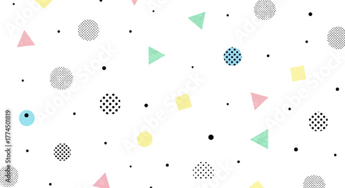 Abstract Memphis Style Seamless Pattern with Geometric Shapes.