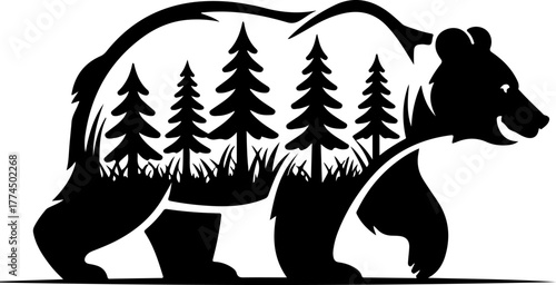 Bear in the wilderness Black silhouette Vector Art