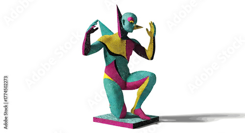 Colorful abstract statue of a kneeling fantasy creature.