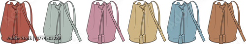Vector illustration set of women's bucket bag designs. Technical flat fashion sketch collection shown in multiple colorways for apparel