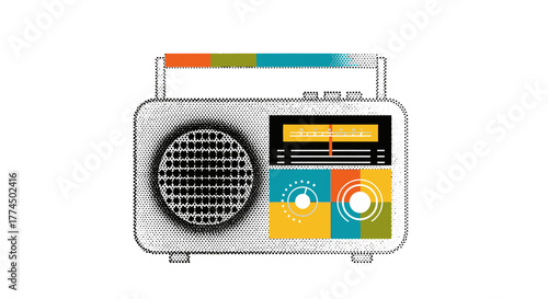 Retro radio with colorful accents and graphic elements.
