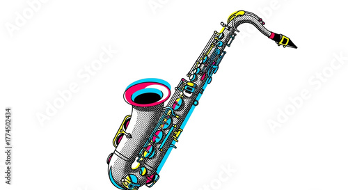 Vibrant Saxophone with Anaglyph 3D Effect on White Background.