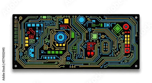 Intricate circuit board design with vibrant electronic components.