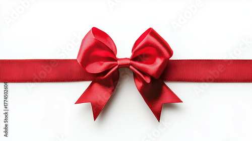 Red Ribbon Bow Christmas Decoration Isolated on White Background