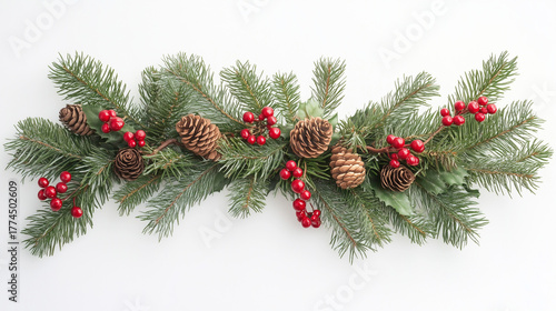 Pine Branch with Six Cones and Holly Needles Christmas Decoration Isolated on White Background