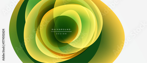 Abstract layers create dynamic circular design. Green, yellow hues blend, forming modern background. Minimal text present.