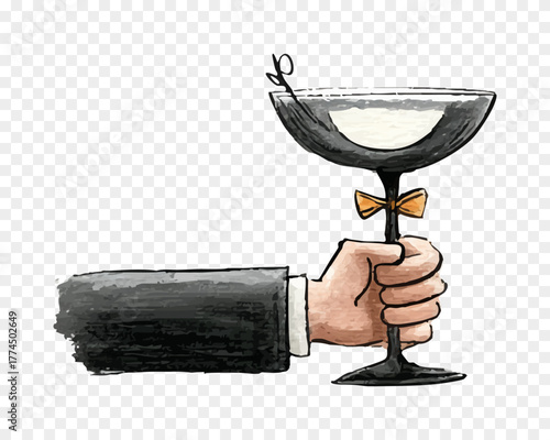 Elegant watercolor illustration of a man’s hand in tuxedo holding a champagne glass with golden bow, classy vector-style drawing for celebration design, wedding or luxury party decor