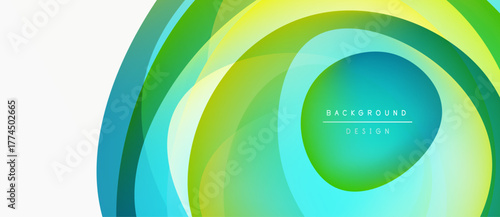 Abstract vibrant layers create circular design. Green, blue, yellow hues blend smoothly. Modern background element for projects.