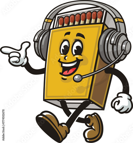 Matchstick box mascot cartoon wearing a headset or headphone