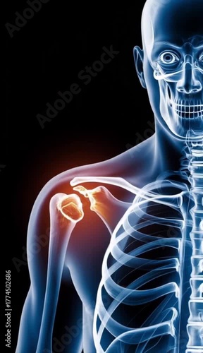 Medical Illustration of Shoulder Pain Showing Bone Anatomy and Red Highlight on Skeleton