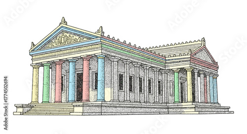 Ancient Greek Temple with Colorful Columns.