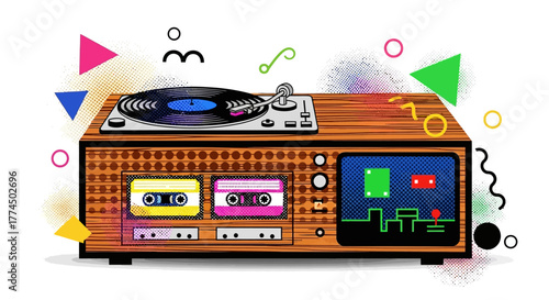 Retro Music Center with Vinyl Turntable and Cassette Decks.