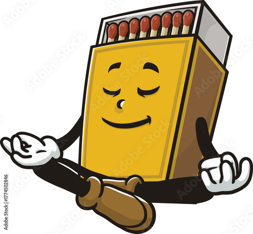 Matchstick box mascot cartoon is meditating or relaxing