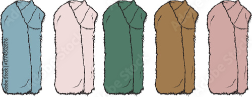 Collection of five sleeveless robes in different colors, showcasing a minimalist and versatile design for various uses