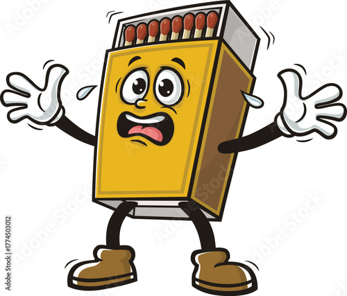 Cartoon mascot of matchstick box is panicking and scared