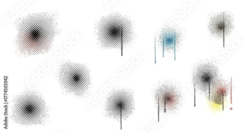 Abstract ink blots and splatters on white background.