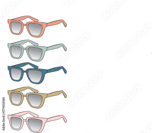Array of retro-style sunglasses in assorted pastel colors for sun protection and fashion accessory