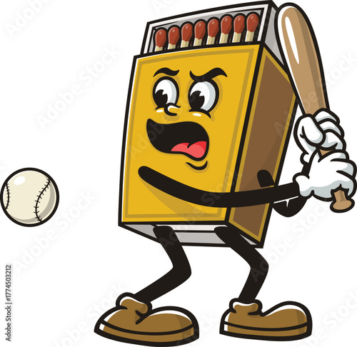 Matchstick box mascot cartoon playing baseball