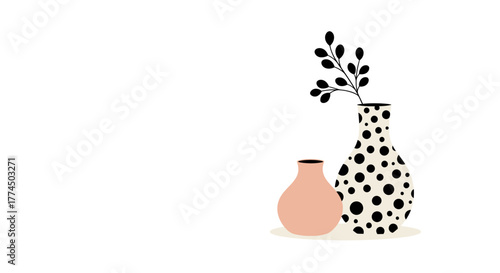 Minimalist Vases with Botanical Accents on White Background.