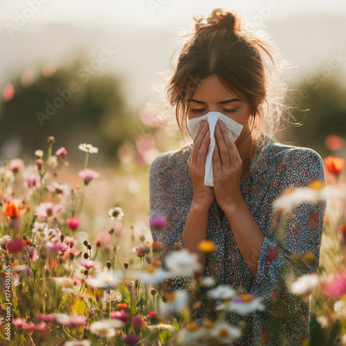 woman stands in a colorful flower field sneezing into a tissue, capturing the beauty of spring and the struggle of seasonal allergies amidst blooming nature
