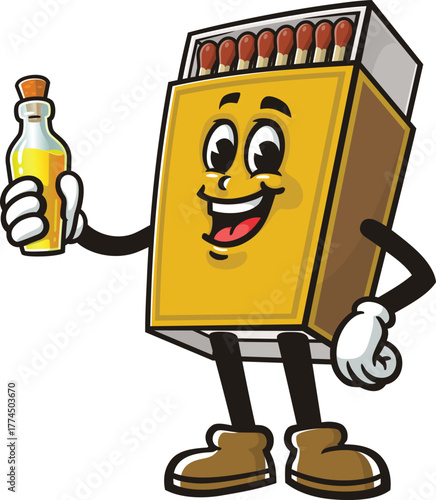 Matchstick box mascot cartoon holding oil