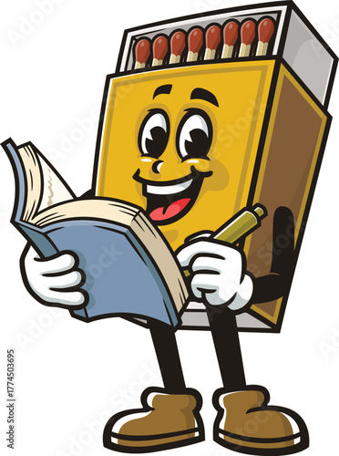 Matchstick box mascot cartoon holding a book