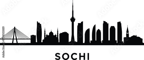 Black silhouette skyline of Sochi Russia with modern buildings, cable bridge, observation tower, domes, spires, urban architecture, travel landmark, cityscape illustration, vector design