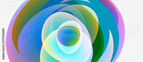Abstract colorful layers create dynamic circular design. Vibrant hues blend, forming modern visual experience. Smooth gradients offer soft aesthetic.