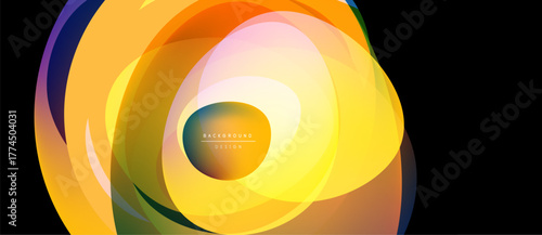 Abstract colorful layers create dynamic circular design. Bright gradients blend, forming modern visual effect. Smooth transitions suggest movement.