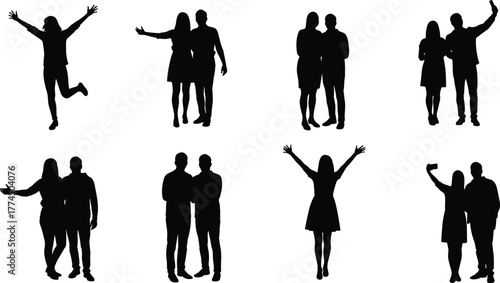 Silhouette people poses, joyful celebration, friendship togetherness, teamwork unity, couple affection, selfie moment, happy lifestyle, human connection, social bonding, expressive body language