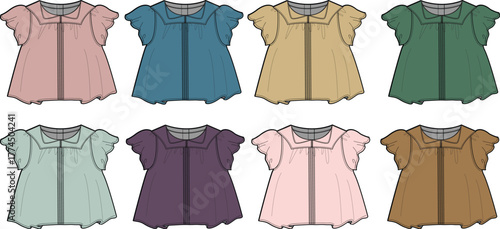 Collection of eight colorful baby tops, featuring delicate ruffles and short sleeves in a fashion illustration style
