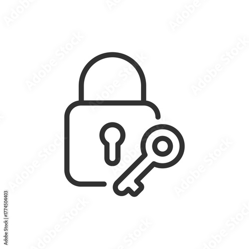 Padlock with key, linear icon. Secure access and data protection. Line with editable stroke.