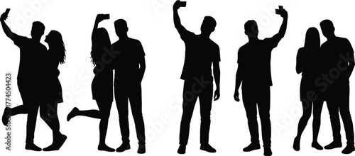Silhouette people taking selfies, friends posing smartphone, modern social media lifestyle, group fun photography, casual playful interaction, technology connection