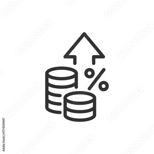 Coins with growth arrow, linear icon. Financial increase and investment. Line with editable stroke.