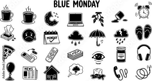 Blue Monday Vector Icons: Hand-Drawn Collection of Sadness, Winter Blues, and Gloomy Mood Elements for Mental Health and Lifestyle Concepts.